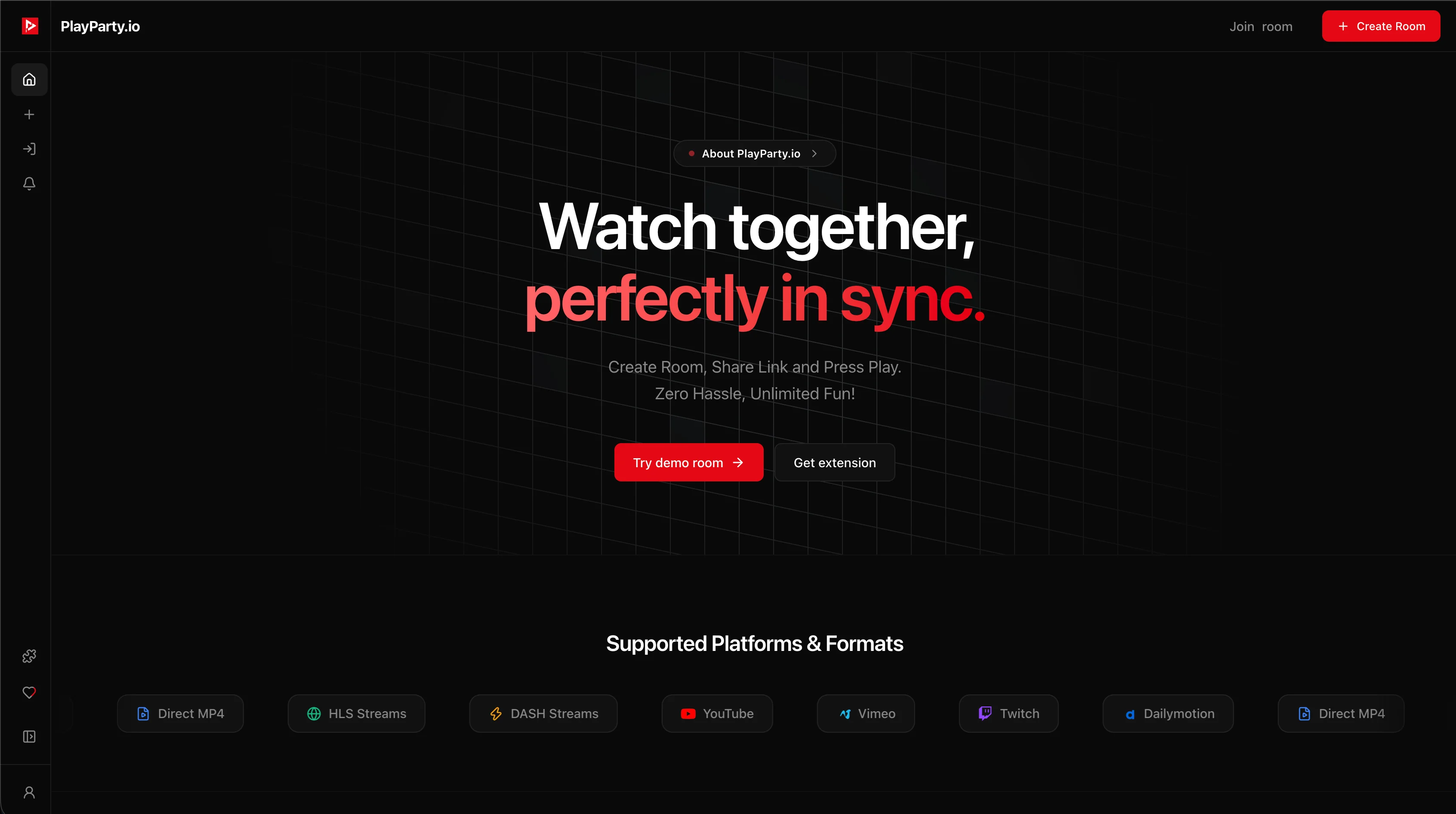 PlayParty.io web-based watch party room interface with built-in voice chat