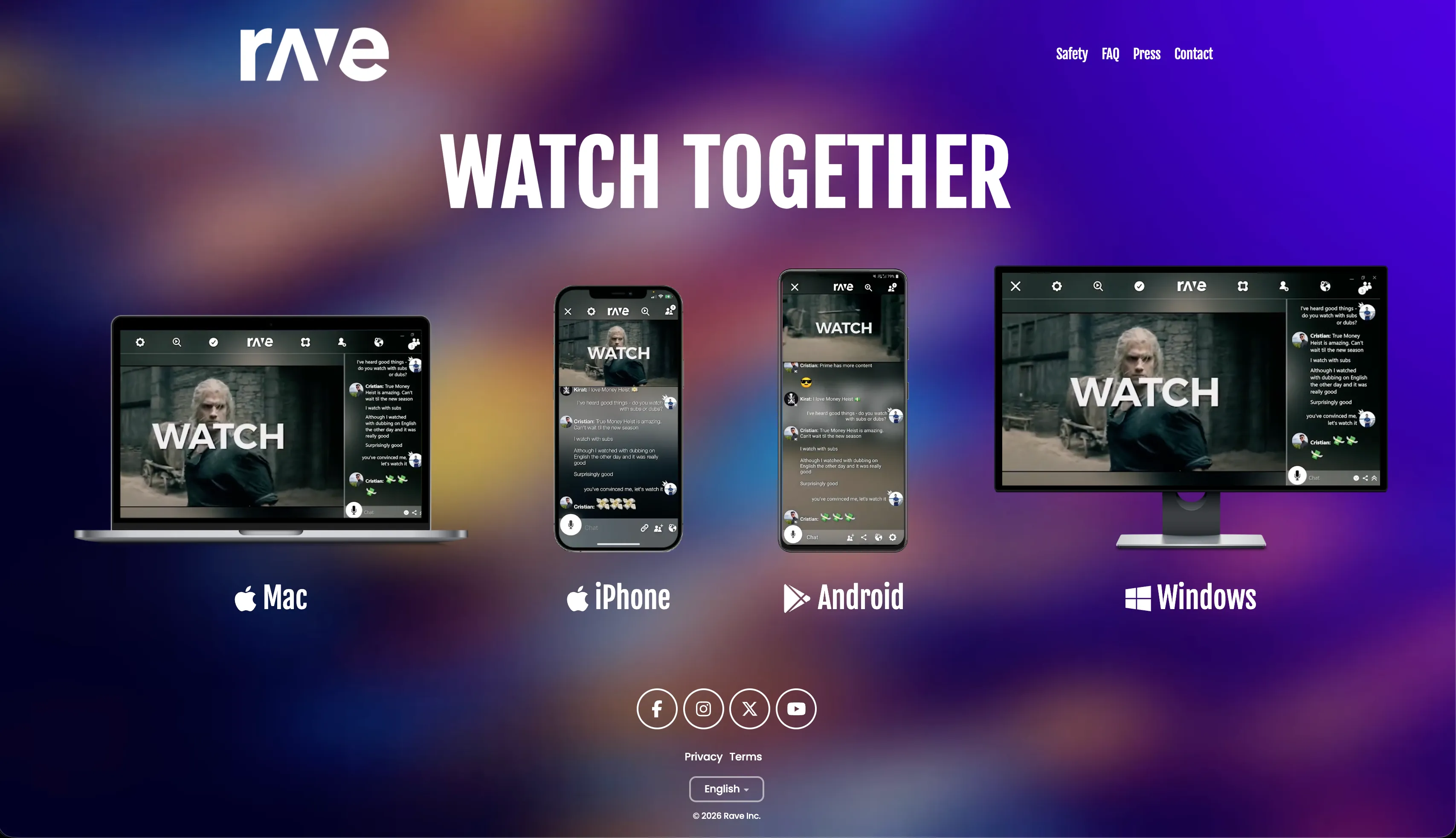 Rave app user interface showing mobile watch party room and media selection