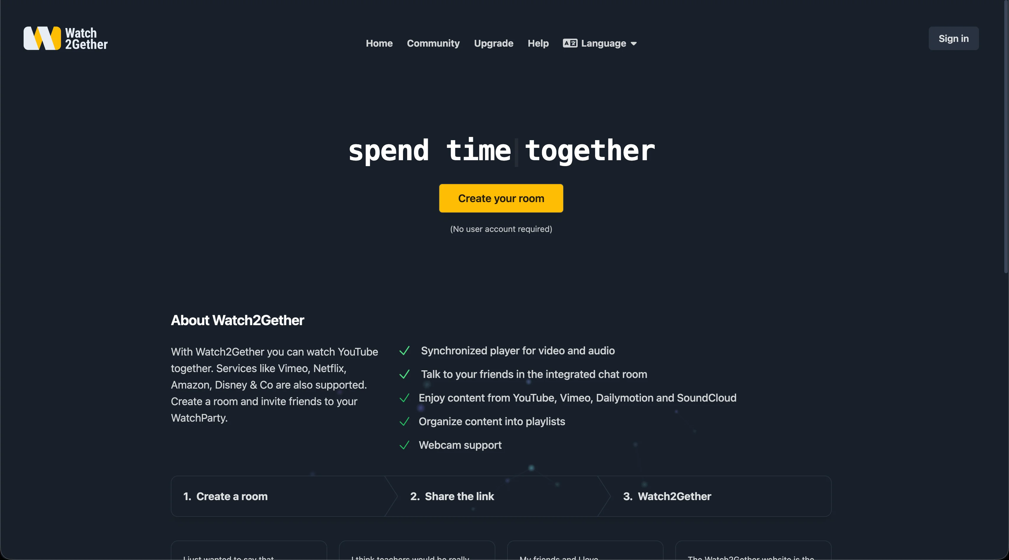 Watch2Gether platform interface showing room layout and playlist queue